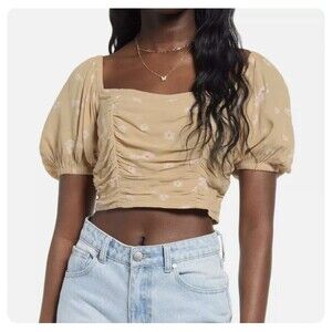 BP. Women's Floral Print Ruched Crop‎ Top, Tan size XS